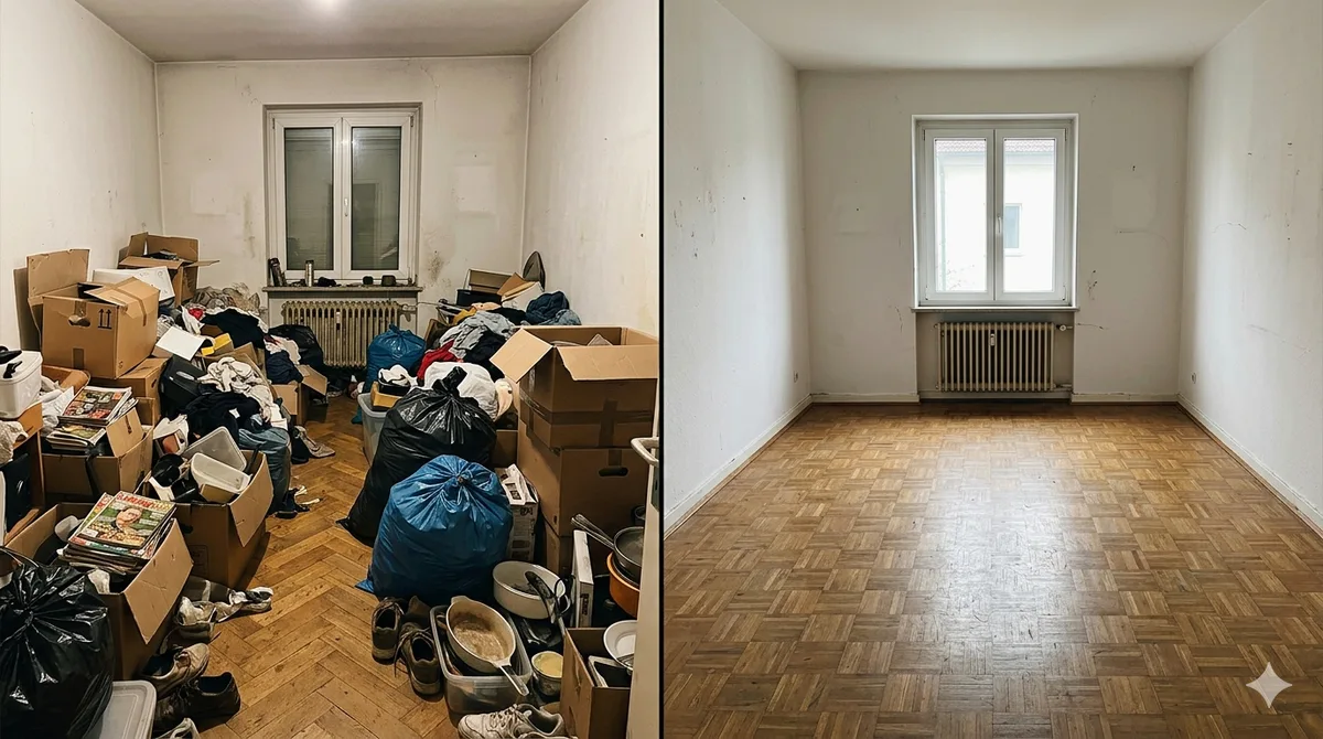 Wohnung in Düsseldorf vor und nach der Entrümpelung – vollgestellt und besenrein geräumt